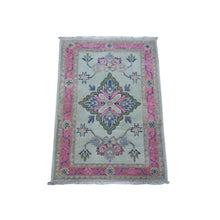 Load image into Gallery viewer, 2&#39;x2&#39;9&quot; Uranian Blue, Caucasian Flower Design, Organic Wool, Fusion Kazak, Hand Knotted Mat Oriental Rug FWR535488