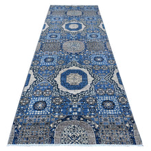 Load image into Gallery viewer, 4&#39;1&quot;x11&#39;6&quot; Medium Sapphire Blue, Hand Knotted Aryana Collection, Soft And Shiny Wool, Natural Dyes, Mamluk Design With Large Geometric Medallions, Wide Runner Oriental Rug FWR535512