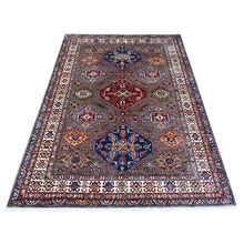 Load image into Gallery viewer, 5&#39;1&quot;x6&#39;9&quot; Cinereous Gray, Afghan Super Kazak With All Over Large Elements, Soft and Shiny Wool, Hand Knotted Vegetable Dyes Runner Oriental Rug FWR535530