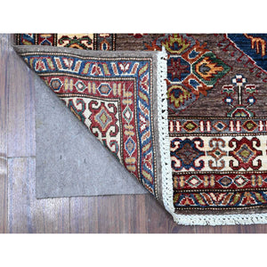 5'1"x6'9" Cinereous Gray, Afghan Super Kazak With All Over Large Elements, Soft and Shiny Wool, Hand Knotted Vegetable Dyes Runner Oriental Rug FWR535530