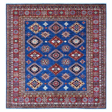 Load image into Gallery viewer, 8&#39;x8&#39; Indigo Blue, Shiny Wool, Hand Knotted, Vegetable Dyes, Super Kazak with Tribal Motifs, Oriental Square Rug FWR535650