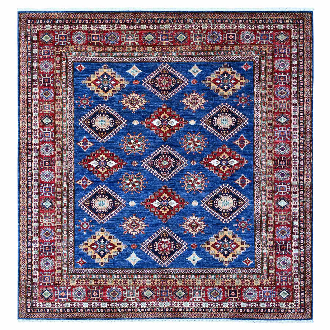 8'x8' Indigo Blue, Shiny Wool, Hand Knotted, Vegetable Dyes, Super Kazak with Tribal Motifs, Oriental Square Rug FWR535650