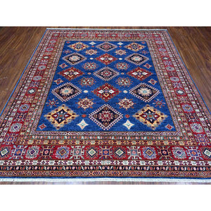 8'x8' Indigo Blue, Shiny Wool, Hand Knotted, Vegetable Dyes, Super Kazak with Tribal Motifs, Oriental Square Rug FWR535650