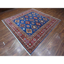 Load image into Gallery viewer, 8&#39;x8&#39; Indigo Blue, Shiny Wool, Hand Knotted, Vegetable Dyes, Super Kazak with Tribal Motifs, Oriental Square Rug FWR535650