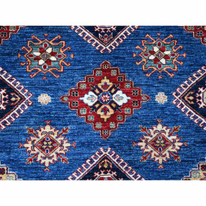 8'x8' Indigo Blue, Shiny Wool, Hand Knotted, Vegetable Dyes, Super Kazak with Tribal Motifs, Oriental Square Rug FWR535650