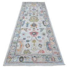 Load image into Gallery viewer, 4&#39;x10&#39;8&quot; Beau Blue, Hand Knotted, Soft Pile, Wool Weft, Vivid Rural Elements All Over Design, Natural Dyes, Afghan Angora Oushak, Wide Gallery Runner Oriental Rug FWR535740