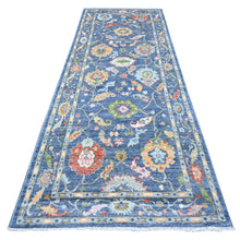 Load image into Gallery viewer, 4&#39;1&quot;x10&#39;7&quot; Steel Blue, Vegetable Dyes, Soft Wool Weft, Hand Knotted, Afghan Angora Oushak, Village Flower And Leaf Motifs All Over Design, Wide Gallery Oriental Runner Rug FWR535746