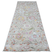 Load image into Gallery viewer, 3&#39;9&quot;x9&#39;7&quot; Sage Green, Wool Foundation, Natural Dyes, Rural Floral Design, Hand Knotted Angora Oushak, Runner Wide Gallery Oriental Rug FWR535752