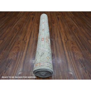 3'9"x9'7" Sage Green, Wool Foundation, Natural Dyes, Rural Floral Design, Hand Knotted Angora Oushak, Runner Wide Gallery Oriental Rug FWR535752