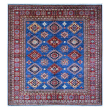 Load image into Gallery viewer, 8&#39;x8&#39; Medium Blue and Carnelian Red, Super Kazak with Colorful Repetitive Medallions Afghan Extra Soft Wool, Hand Knotted Square Oriental Rug FWR535758