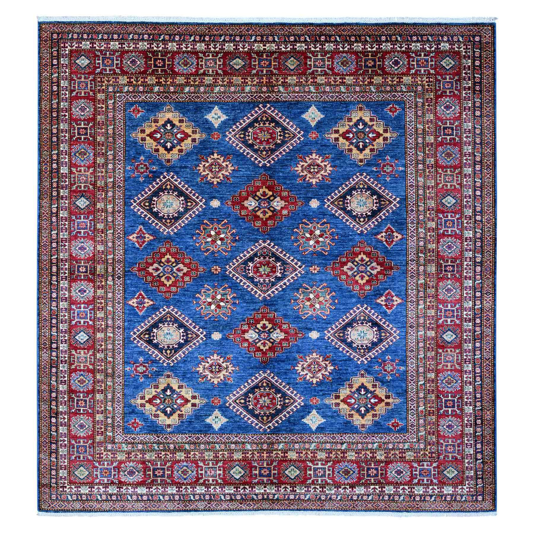 8'x8' Medium Blue and Carnelian Red, Super Kazak with Colorful Repetitive Medallions Afghan Extra Soft Wool, Hand Knotted Square Oriental Rug FWR535758