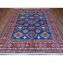 Load image into Gallery viewer, 8&#39;x8&#39; Medium Blue and Carnelian Red, Super Kazak with Colorful Repetitive Medallions Afghan Extra Soft Wool, Hand Knotted Square Oriental Rug FWR535758