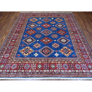 8'x8' Medium Blue and Carnelian Red, Super Kazak with Colorful Repetitive Medallions Afghan Extra Soft Wool, Hand Knotted Square Oriental Rug FWR535758