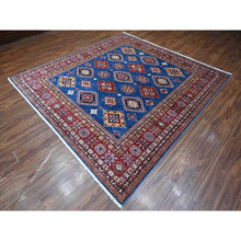 Load image into Gallery viewer, 8&#39;x8&#39; Medium Blue and Carnelian Red, Super Kazak with Colorful Repetitive Medallions Afghan Extra Soft Wool, Hand Knotted Square Oriental Rug FWR535758