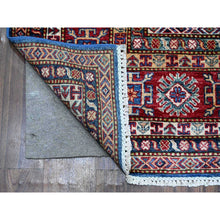 Load image into Gallery viewer, 8&#39;x8&#39; Medium Blue and Carnelian Red, Super Kazak with Colorful Repetitive Medallions Afghan Extra Soft Wool, Hand Knotted Square Oriental Rug FWR535758