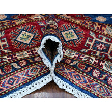 Load image into Gallery viewer, 8&#39;x8&#39; Medium Blue and Carnelian Red, Super Kazak with Colorful Repetitive Medallions Afghan Extra Soft Wool, Hand Knotted Square Oriental Rug FWR535758