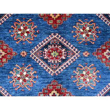 Load image into Gallery viewer, 8&#39;x8&#39; Medium Blue and Carnelian Red, Super Kazak with Colorful Repetitive Medallions Afghan Extra Soft Wool, Hand Knotted Square Oriental Rug FWR535758