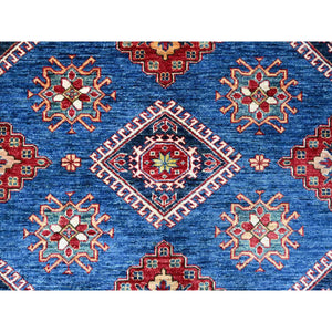 8'x8' Medium Blue and Carnelian Red, Super Kazak with Colorful Repetitive Medallions Afghan Extra Soft Wool, Hand Knotted Square Oriental Rug FWR535758