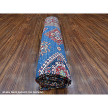 Load image into Gallery viewer, 8&#39;x8&#39; Medium Blue and Carnelian Red, Super Kazak with Colorful Repetitive Medallions Afghan Extra Soft Wool, Hand Knotted Square Oriental Rug FWR535758