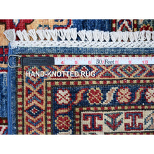 Load image into Gallery viewer, 8&#39;x8&#39; Medium Blue and Carnelian Red, Super Kazak with Colorful Repetitive Medallions Afghan Extra Soft Wool, Hand Knotted Square Oriental Rug FWR535758