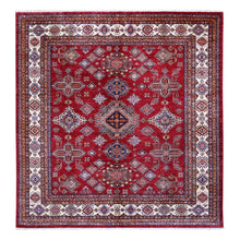 Load image into Gallery viewer, 10&#39;x10&#39; Scarlet Red, All Over Large Medallions, Hand Knotted Natural Dyes, Afghan Super Kazak, Shiny Wool, Oriental Square Rug FWR535776