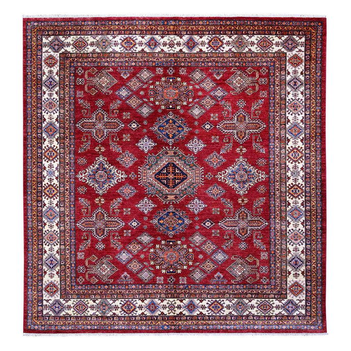 10'x10' Scarlet Red, All Over Large Medallions, Hand Knotted Natural Dyes, Afghan Super Kazak, Shiny Wool, Oriental Square Rug FWR535776