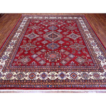 Load image into Gallery viewer, 10&#39;x10&#39; Scarlet Red, All Over Large Medallions, Hand Knotted Natural Dyes, Afghan Super Kazak, Shiny Wool, Oriental Square Rug FWR535776