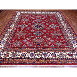 10'x10' Scarlet Red, All Over Large Medallions, Hand Knotted Natural Dyes, Afghan Super Kazak, Shiny Wool, Oriental Square Rug FWR535776