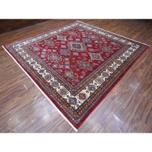 Load image into Gallery viewer, 10&#39;x10&#39; Scarlet Red, All Over Large Medallions, Hand Knotted Natural Dyes, Afghan Super Kazak, Shiny Wool, Oriental Square Rug FWR535776