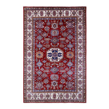 Load image into Gallery viewer, 6&#39;1&quot;x9&#39;3&quot; Currant Red With Dove White, Afghan Super Kazak Natural Dyes, Extra Soft Wool, All Over Geometric Elements With Large Central Medallion, Hand Knotted Oriental Rug FWR535806