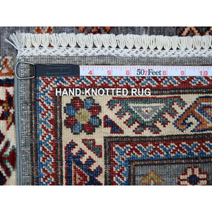 2'6"x6'8" Oxford Gray, Hand Knotted Afghan Super Kazak With Large Medallions, Vegetable Dyes, Soft Wool, XL Runner Oriental Rug FWR535824