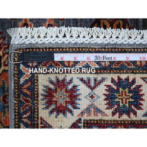 2'7"x8'4" Thundercloud Gray and Classic White, Hand Knotted Afghan Super Kazak, Vegetable Dyes, All Over Medallions, All Wool, Runner Oriental Rug FWR535830