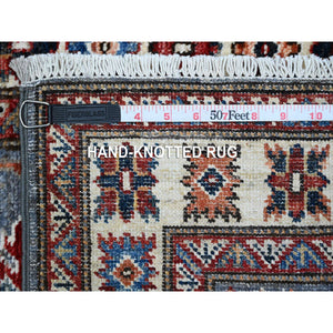 2'x6'5" Solitude Gray, Afghan Super Kazak, Hand Knotted Natural Dyes, Large Motifs, 100% Wool, Runner Oriental Rug FWR535836