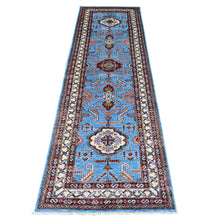 Load image into Gallery viewer, 2&#39;9&quot;x8&#39;8&quot; Copen Blue, Afghan Super Kazak Hand Knotted 100% Wool, Tribal And Geometric Medallions Design Vegetable Dyes Oriental Runner Rug FWR535866