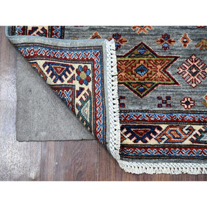 2'5"x6'10" Whale Gray With Daisy White, Afghan Vegetable Dyes Tribal Elements All Over Super Kazak, Extra Soft Wool, Hand Knotted Runner Oriental Rug FWR535878