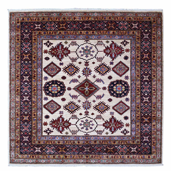 6'x6' White Pepper, Soft And Velvety Wool Super Kazak Geometric Patterns Afghan Hand Knotted Vegetable Dyes Square Oriental Rug FWR535968