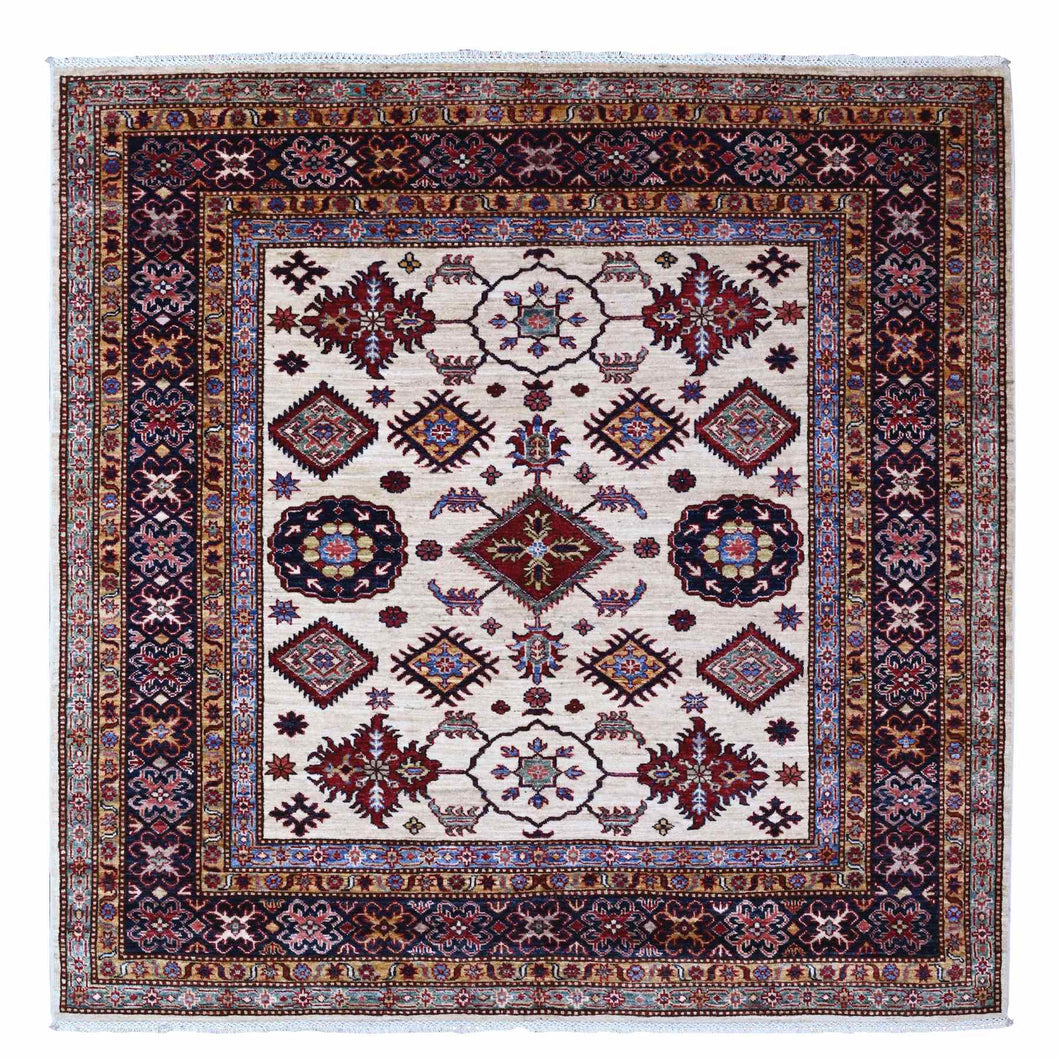 6'x6' White Pepper, Soft And Velvety Wool Super Kazak Geometric Patterns Afghan Hand Knotted Vegetable Dyes Square Oriental Rug FWR535968