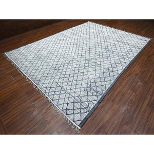 9'1"x12'4" Spare White and Shingle Gray, Moroccan Weave Marmoucha With All Over Criss Cross Pattern, Hand Knotted Tone On Tone Natural Dyes, 100% Wool, Oriental Rug FWR536004