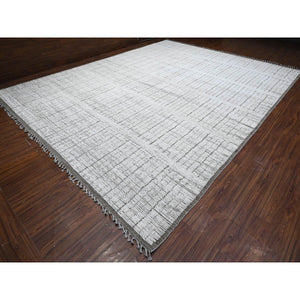 12'2"x15'9" Gesso White, Beni Ourain Moroccan Weave, Vegetable Dyes, Hand Knotted Vertical Line Pattern, Extra Soft Wool, Oversized Oriental Rug FWR536010