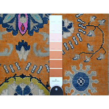 Load image into Gallery viewer, 4&#39;10&quot;x6&#39;8&quot; Metallic Orange, Broad Borders, Pure And Shiny Wool, Colorful Hand Knotted Fusion Kazak, Caucasian Design, Oriental Rug FWR536016