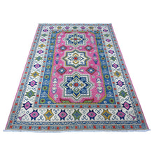 Load image into Gallery viewer, 5&#39;x6&#39;9&quot; Thulian Pink, Hand Knotted Caucasian Design, Colorful And Vibrant Fusion Kazak, Pure Wool, Oriental Rug FWR536028