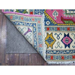 5'x6'9" Thulian Pink, Hand Knotted Caucasian Design, Colorful And Vibrant Fusion Kazak, Pure Wool, Oriental Rug FWR536028