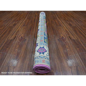 5'x6'9" Thulian Pink, Hand Knotted Caucasian Design, Colorful And Vibrant Fusion Kazak, Pure Wool, Oriental Rug FWR536028