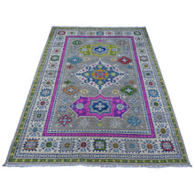 Load image into Gallery viewer, 5&#39;x6&#39;8&quot; Thunder Gray, Hand Knotted Velvety Wool, All Over Vibrant Caucasian Design, Fusion Kazak, Oriental Rug FWR536052