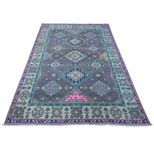 Load image into Gallery viewer, 5&#39;6&quot;x7&#39;7&quot; Dark Silver Gray, Hand Knotted Soft And Vibrant Wool, Colorful Caucasian Design, Fusion Kazak Oriental Rug FWR536070