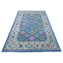 Load image into Gallery viewer, 5&#39;5&quot;x7&#39;9&quot; Ruddy Blue And Daisy White, All Over Colorful Caucasian Motifs Design, Hand Knotted, Fusion Kazak With Soft And Organic Wool, Oriental Rug FWR536076