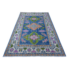 Load image into Gallery viewer, 5&#39;5&quot;x7&#39;9&quot; Chelsea Blue, Fusion Kazak With Soft And Shiny Wool, Colorful And Vibrant Caucasian Design, Hand Knotted Oriental Rug FWR536088