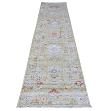 Load image into Gallery viewer, 3&#39;x11&#39;8&quot; Asparagus Green, Wool Weft With Natural Dyes, Afghan Angora Oushak, Tribal Floral And Tree Pattern All Over, Hand Knotted, Runner Oriental Rug FWR536142