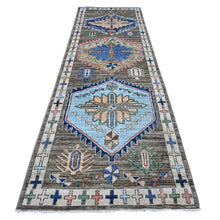 Load image into Gallery viewer, 3&#39;8&quot;x11&#39;4&quot; Cloud Gray, Hand Knotted, Pure And Soft Wool, Tribal Village Anatolian Design, Natural Dyes, Triple Medallion Design, Wide Runner Oriental Rug FWR536250