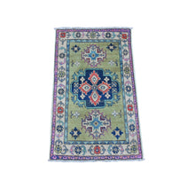 Load image into Gallery viewer, 1&#39;9&quot;x3&#39; Sage Green, All Wool With Colorful Caucasian Design, Fusion Kazak, Hand Knotted Mat Oriental Rug FWR536304